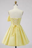 A-lijn narcisssatijn strapless gerimpelde kant thuisjurk met strik