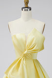 A-lijn narcisssatijn strapless gerimpelde kant thuisjurk met strik