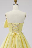 A-lijn narcisssatijn strapless gerimpelde kant thuisjurk met strik