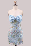 Lichtblauwe bodycon strapless pailletten korset, veter op de achterste homecoming jurk met strik