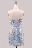 Lichtblauwe bodycon strapless pailletten korset, veter op de achterste homecoming jurk met strik
