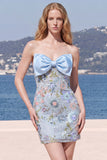 Lichtblauwe bodycon strapless pailletten korset, veter op de achterste homecoming jurk met strik