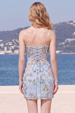 Lichtblauwe bodycon strapless pailletten korset, veter op de achterste homecoming jurk met strik
