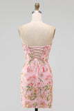 Lichtblauwe bodycon strapless pailletten korset, veter op de achterste homecoming jurk met strik