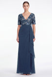 Marineblauwe zeemeermin bloemen V-hals met gerimpelde chiffon lange moeder van de bruid jurk met ruches