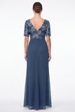 Marineblauwe zeemeermin bloemen V-hals met gerimpelde chiffon lange moeder van de bruid jurk met ruches