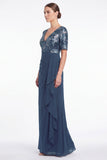 Marineblauwe zeemeermin bloemen V-hals met gerimpelde chiffon lange moeder van de bruid jurk met ruches
