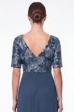 Marineblauwe zeemeermin bloemen V-hals met gerimpelde chiffon lange moeder van de bruid jurk met ruches