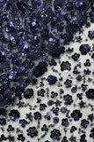 A-lijn marineblauwe rondhals pailletten lange moeder van de bruid jurk met capmouwen