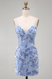 Blauwe Bodycon Spaghetti Bandjes Met Veters Achterin Korte Homecoming Jurk met kralen