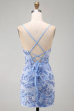 Blauwe Bodycon Spaghetti Bandjes Met Veters Achterin Korte Homecoming Jurk met kralen