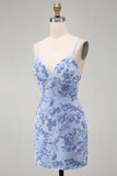 Blauwe Bodycon Spaghetti Bandjes Met Veters Achterin Korte Homecoming Jurk met kralen