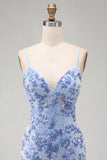 Blauwe Bodycon Spaghetti Bandjes Met Veters Achterin Korte Homecoming Jurk met kralen