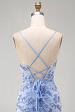 Blauwe Bodycon Spaghetti Bandjes Met Veters Achterin Korte Homecoming Jurk met kralen