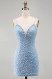 Blauwe spaghettibandjes met veters op de rug Bodycon korte homecomingjurk met parels