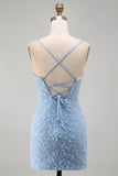 Blauwe spaghettibandjes met veters op de rug Bodycon korte homecomingjurk met parels