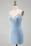 Blauwe spaghettibandjes met veters op de rug Bodycon korte homecomingjurk met parels