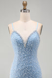Blauwe spaghettibandjes met veters op de rug Bodycon korte homecomingjurk met parels