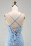 Blauwe spaghettibandjes met veters op de rug Bodycon korte homecomingjurk met parels