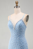 Blauwe spaghettibandjes met veters op de rug Bodycon korte homecomingjurk met parels