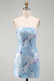 Strapless blauwe bodycon korte homecomingjurk met kralen
