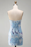 Strapless blauwe bodycon korte homecomingjurk met kralen