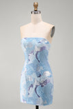 Strapless blauwe bodycon korte homecomingjurk met kralen
