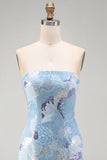 Strapless blauwe bodycon korte homecomingjurk met kralen