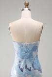 Strapless blauwe bodycon korte homecomingjurk met kralen