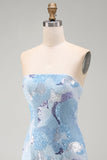 Strapless blauwe bodycon korte homecomingjurk met kralen