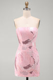 Roze strapless bodycon kralenbezette korte homecomingjurk