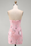 Roze strapless bodycon kralenbezette korte homecomingjurk