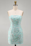 Mint bloemen strapless bodycon pailletten korte homecomingjurk