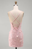 Roze bloemen kant op de rug met spaghettibandjes korte homecomingjurk met pailletten