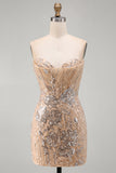Champagne strapless pailletten bodycon homecomingjurk met veter op de rug