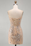 Champagne strapless pailletten bodycon homecomingjurk met veter op de rug
