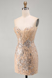 Champagne strapless pailletten bodycon homecomingjurk met veter op de rug