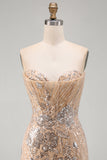Champagne strapless pailletten bodycon homecomingjurk met veter op de rug