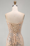 Champagne strapless pailletten bodycon homecomingjurk met veter op de rug