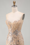 Champagne strapless pailletten bodycon homecomingjurk met veter op de rug