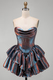 Iriserende metallic strapless korset Basque-taille Homecoming jurk met ruches