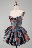 Iriserende metallic strapless korset Basque-taille Homecoming jurk met ruches