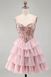 Roze sweetheart korset Baskische taille gelaagde homecomingjurk met pailletten