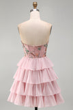 Roze sweetheart korset Baskische taille gelaagde homecomingjurk met pailletten