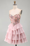 Roze sweetheart korset Baskische taille gelaagde homecomingjurk met pailletten