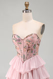Roze sweetheart korset Baskische taille gelaagde homecomingjurk met pailletten