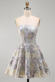 A-lijn blauw bloemen strapless korset met gerimpelde jacquard kant achter homecoming jurk