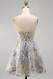 A-lijn blauw bloemen strapless korset met gerimpelde jacquard kant achter homecoming jurk