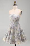 A-lijn blauw bloemen strapless korset met gerimpelde jacquard kant achter homecoming jurk