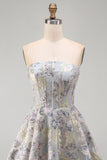 A-lijn blauw bloemen strapless korset met gerimpelde jacquard kant achter homecoming jurk